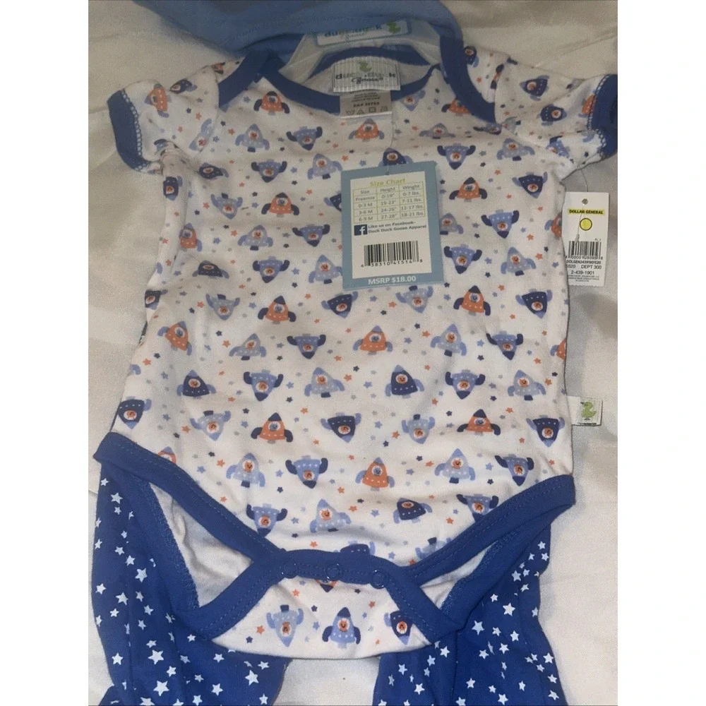 Duck Duck Goose Baby Boys 3pc Rocket Ship Set Bodysuit Pants Bib 6-9M Blue New